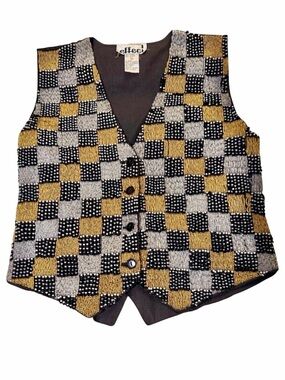 Vintage Effeci Hand Beaded Checkerboard Vest Black Gold‎ Silver 80s Glam S